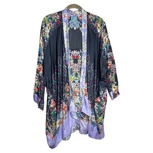 Johnny Was Shae Printed Silk Kimono Floral Mixed Print Purple Black Size Small